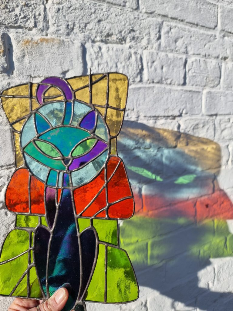 Stained glass cat fantasy colourful suncatcher