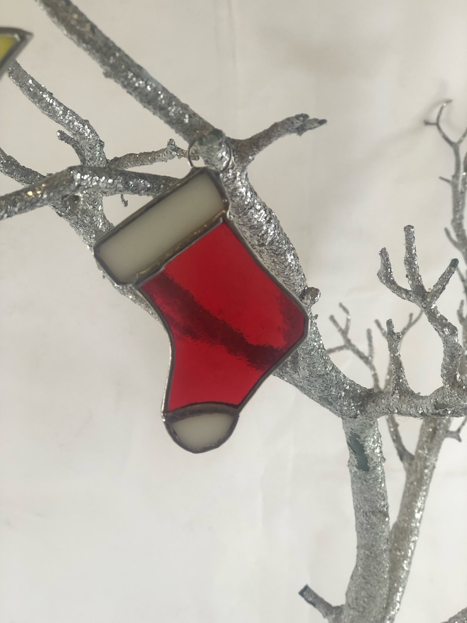 Red stained glass Christmas stocking ornament