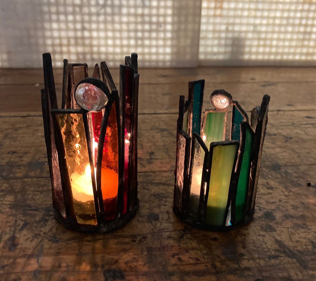 Stained glass crown tealight pair orange