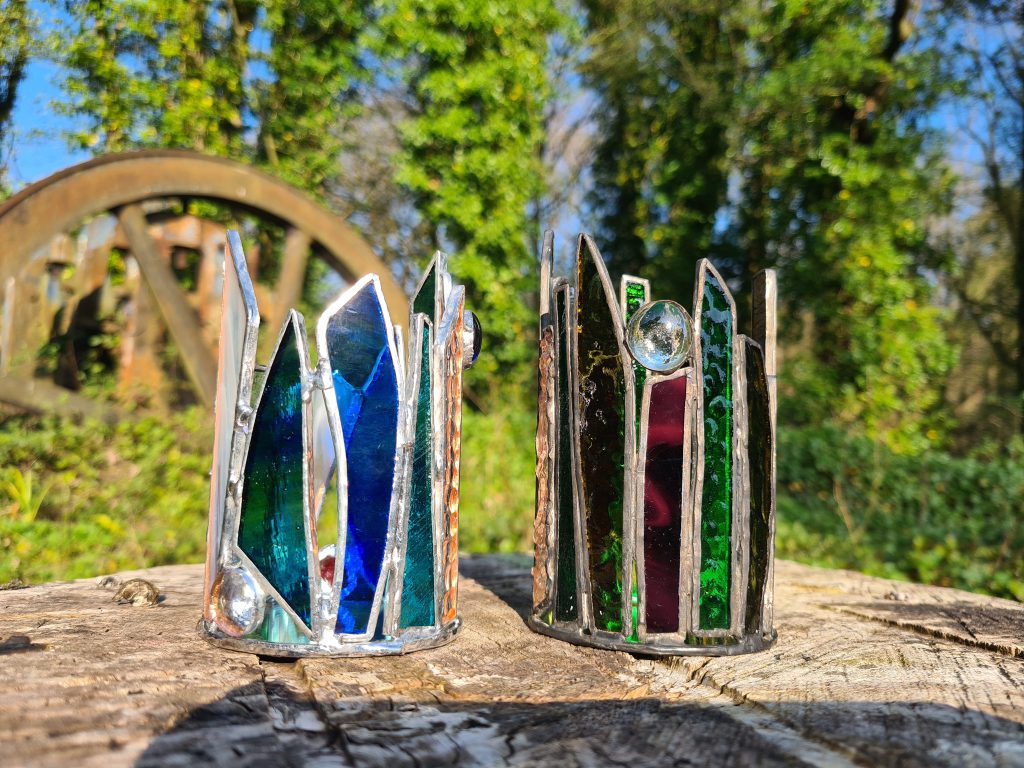 Stained glass crown tealight pair outdoor