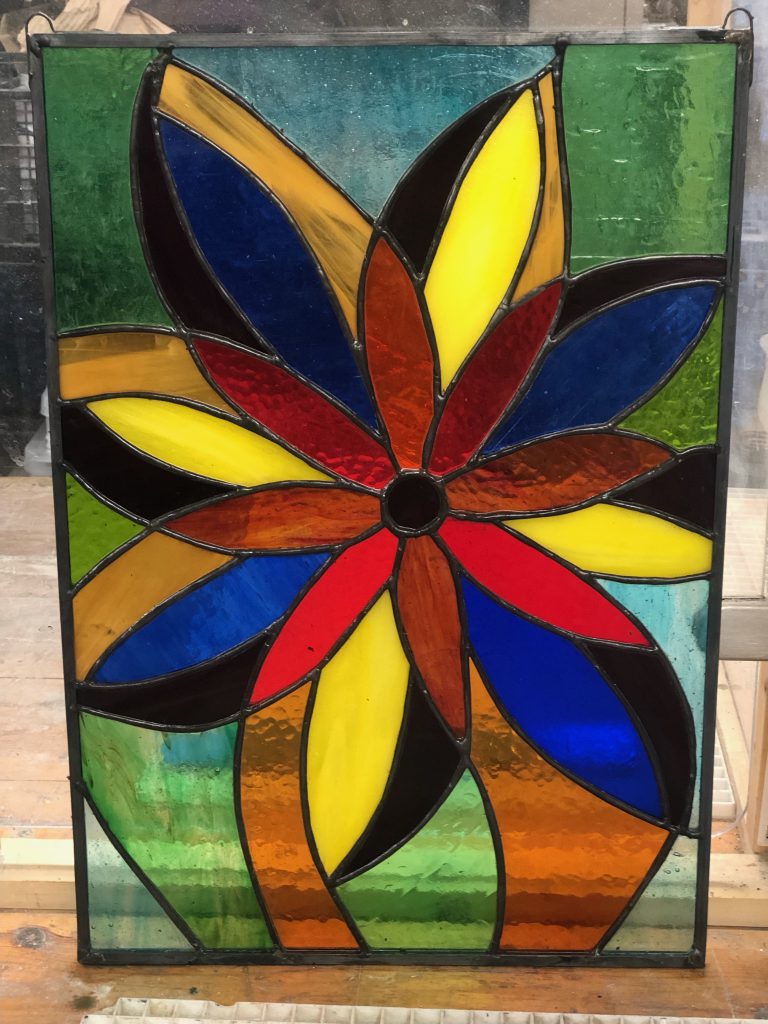 Stained glass dahlia flower panel