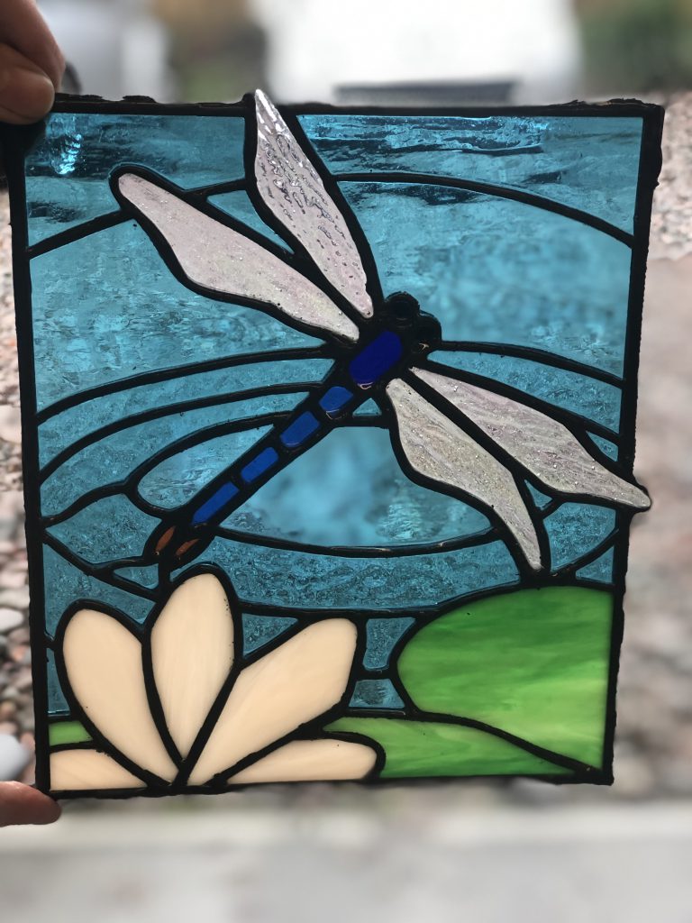 Stained glass dragonfly lily pad panel