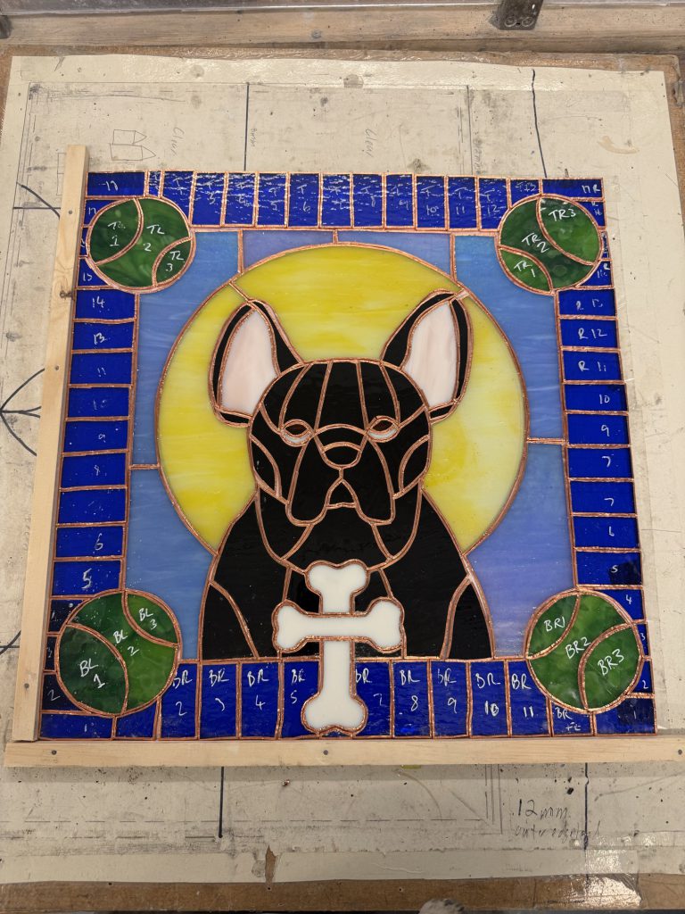 Stained glass french bulldog saint halo panel
