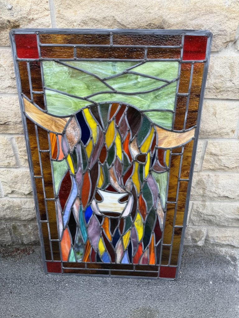 Stained glass highland cow colourful panel