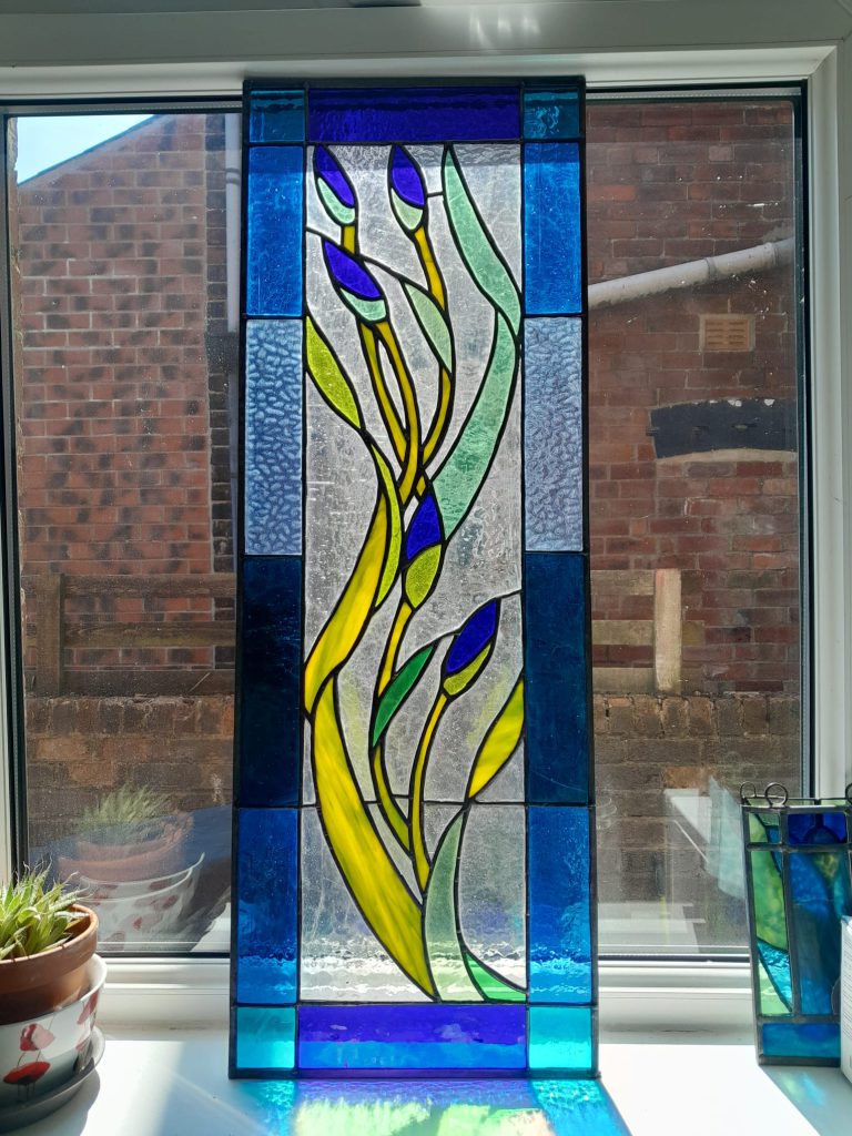 Stained glass iris seagrass tall panel