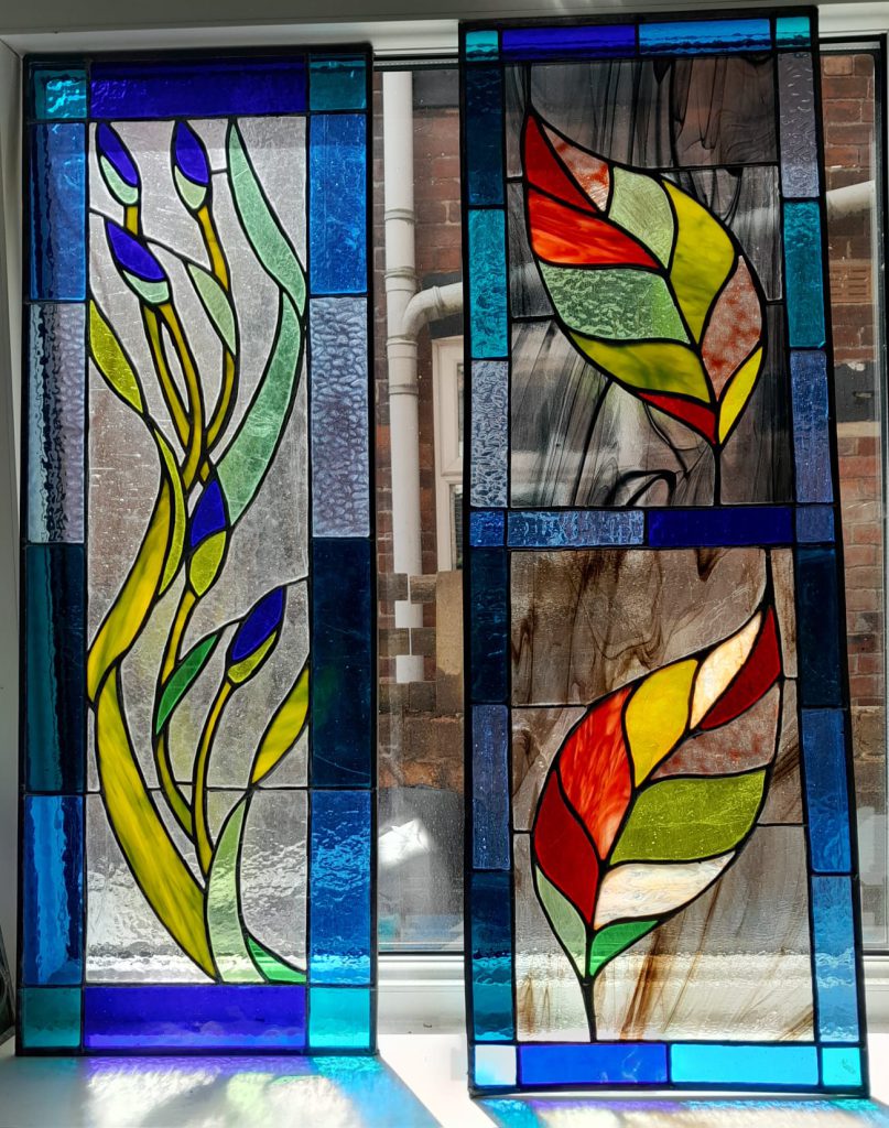 Stained glass leaf botanical diptych window