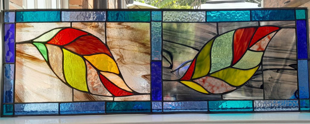 Stained glass leaf diptych horizontal panel