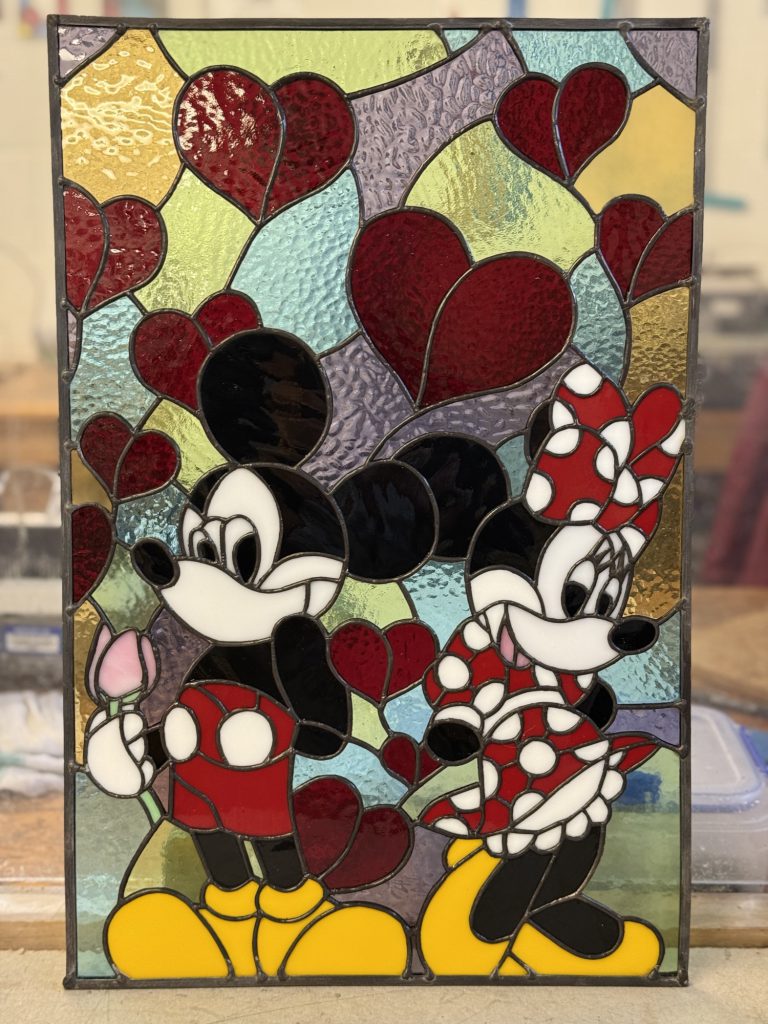 Stained glass mickey minnie mouse hearts panel
