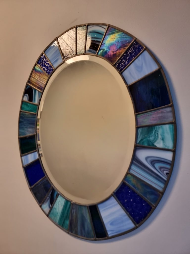 Stained glass mirror oval blue teal