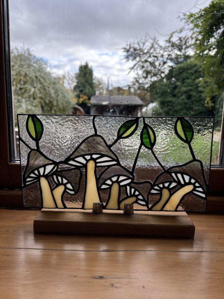 Stained glass mushrooms pale panel
