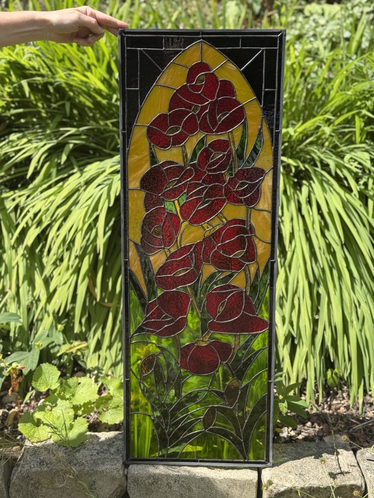 Stained glass red gladiolus floral arch panel