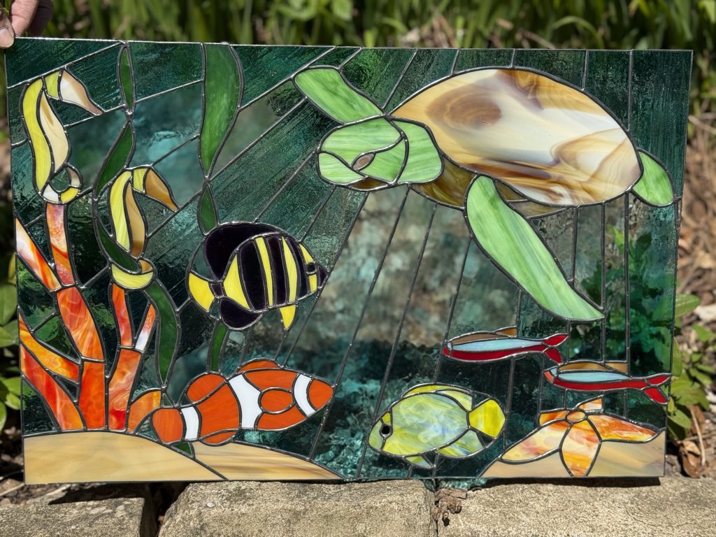 Stained glass sea turtle tropical fish reef panel
