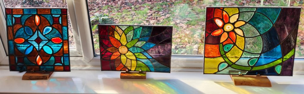 Stained glass suncatcher panels trio stands
