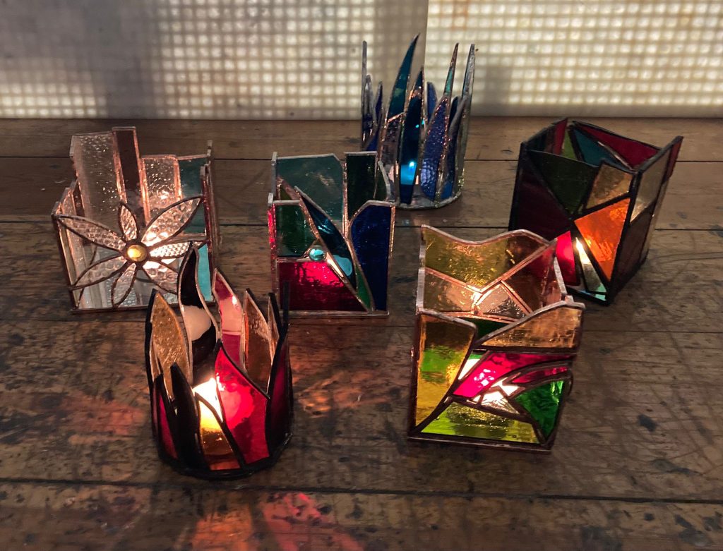 Stained glass tealight holders collection lit