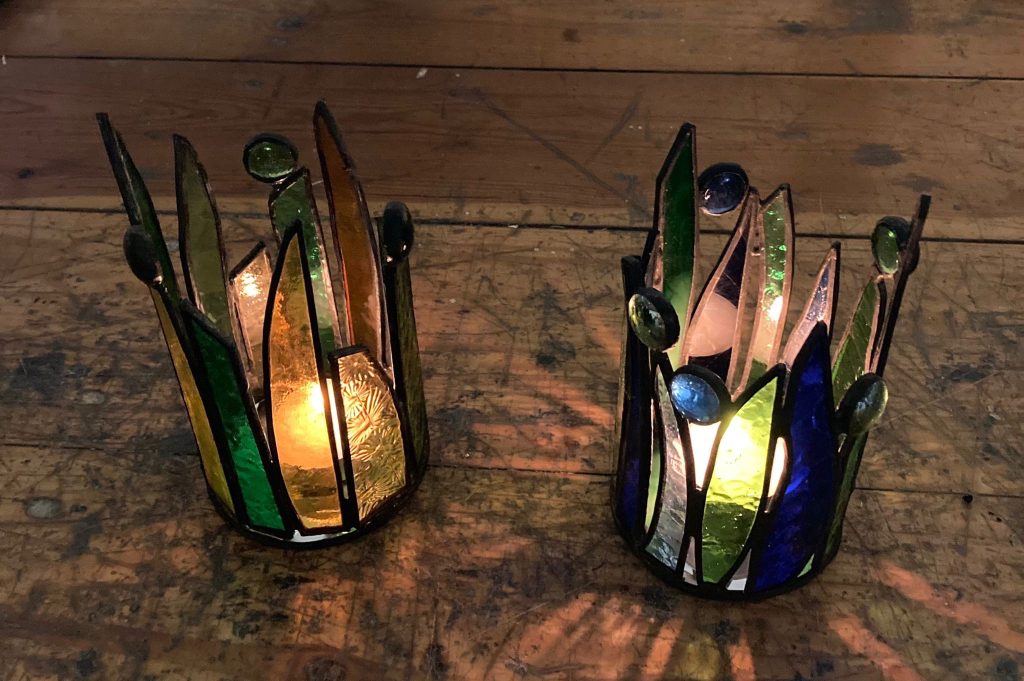 Stained glass tealight holders crown pair lit