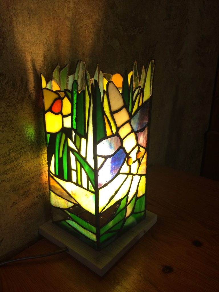 Stained glass tiffany iris lamp unlit