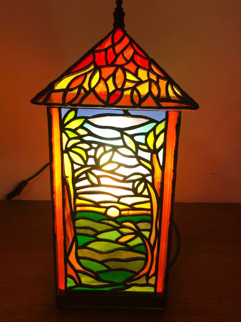 Stained glass tiffany lantern lamp landscape lit b