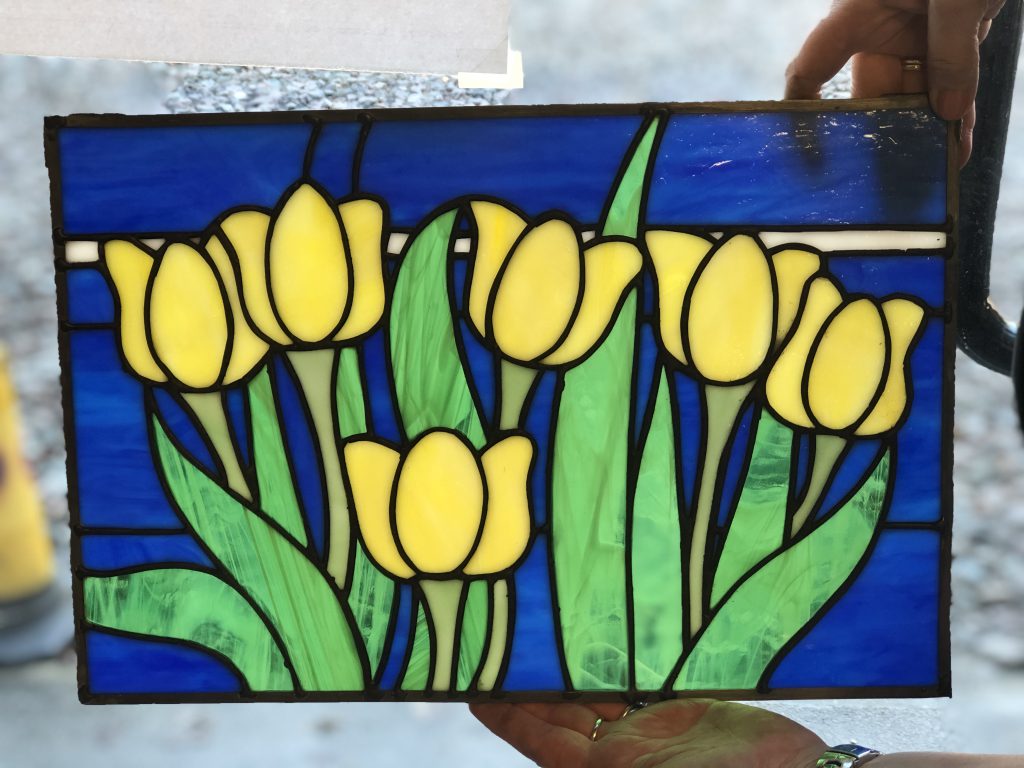 Stained glass tulips yellow blue panel