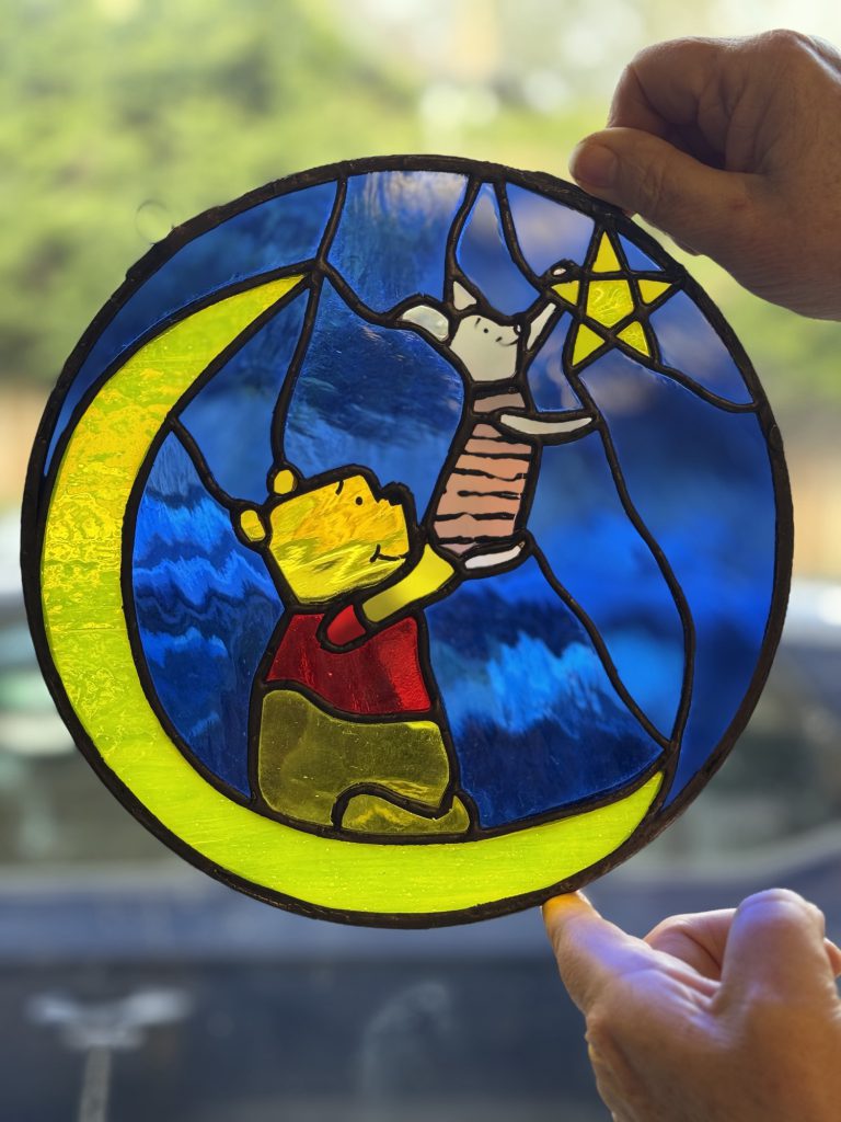 Stained glass winnie pooh piglet moon circular