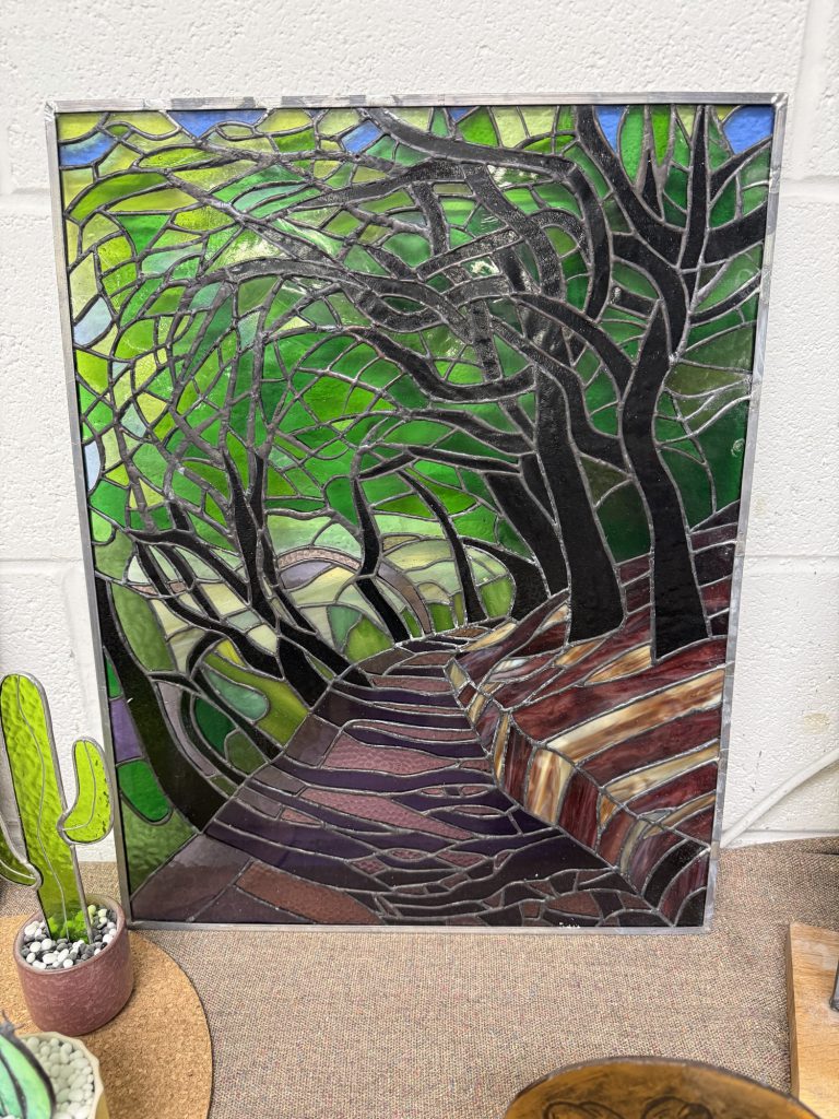 Stained glass woodland path forest panel