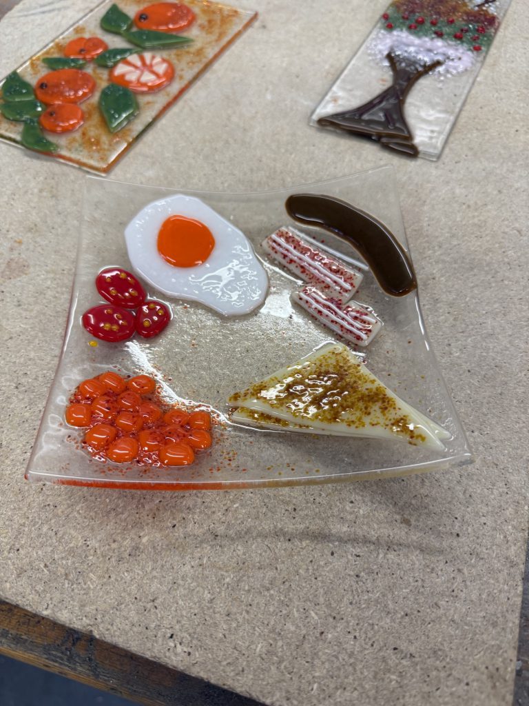 Student fused glass dish strawberry floral red