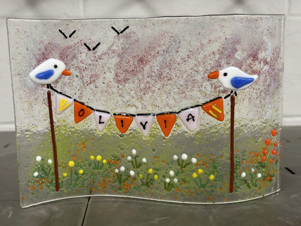 Student fused glass panel birds bunting summer