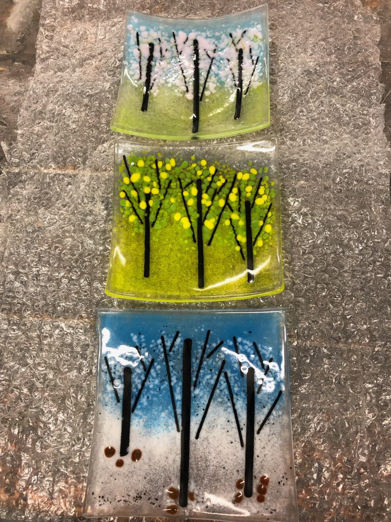 Student fused glass tiles trees four seasons