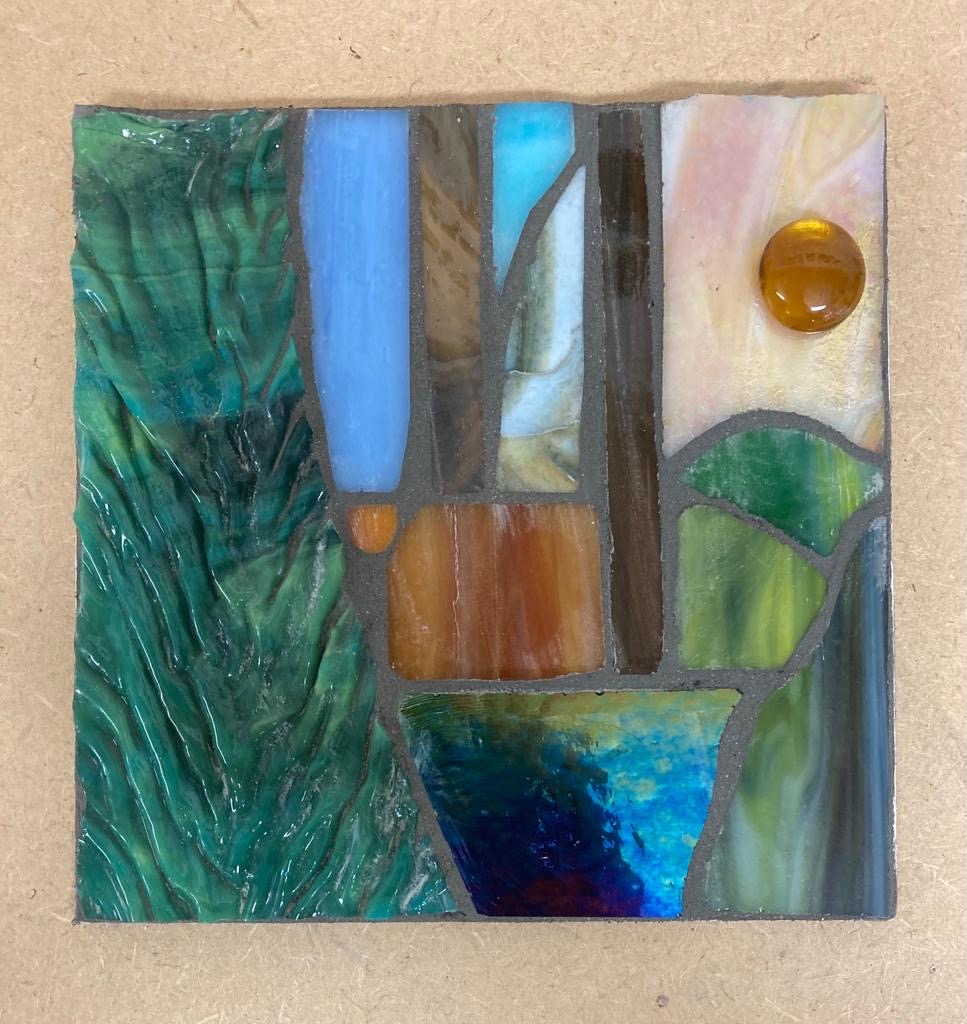 Student mosaic tile plant pot blue green