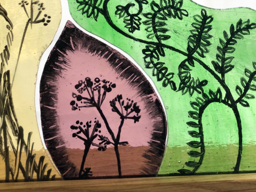 Student painted glass botanical fern pink green detail