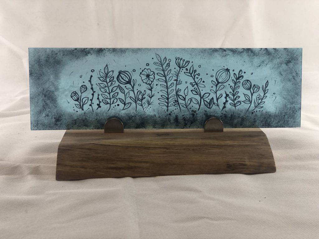 Student painted glass botanical flowers teal panel