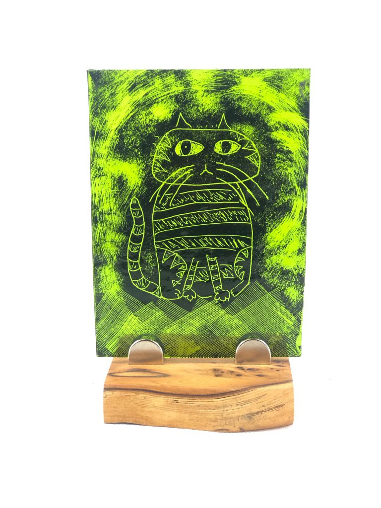 Student painted glass cat decorative green