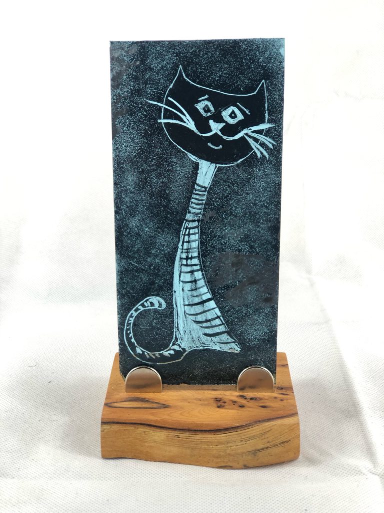 Student painted glass cat teal tall