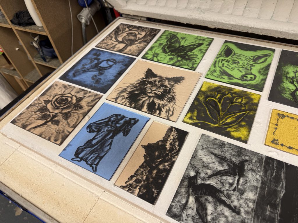 Student painted glass class collection lightbox display