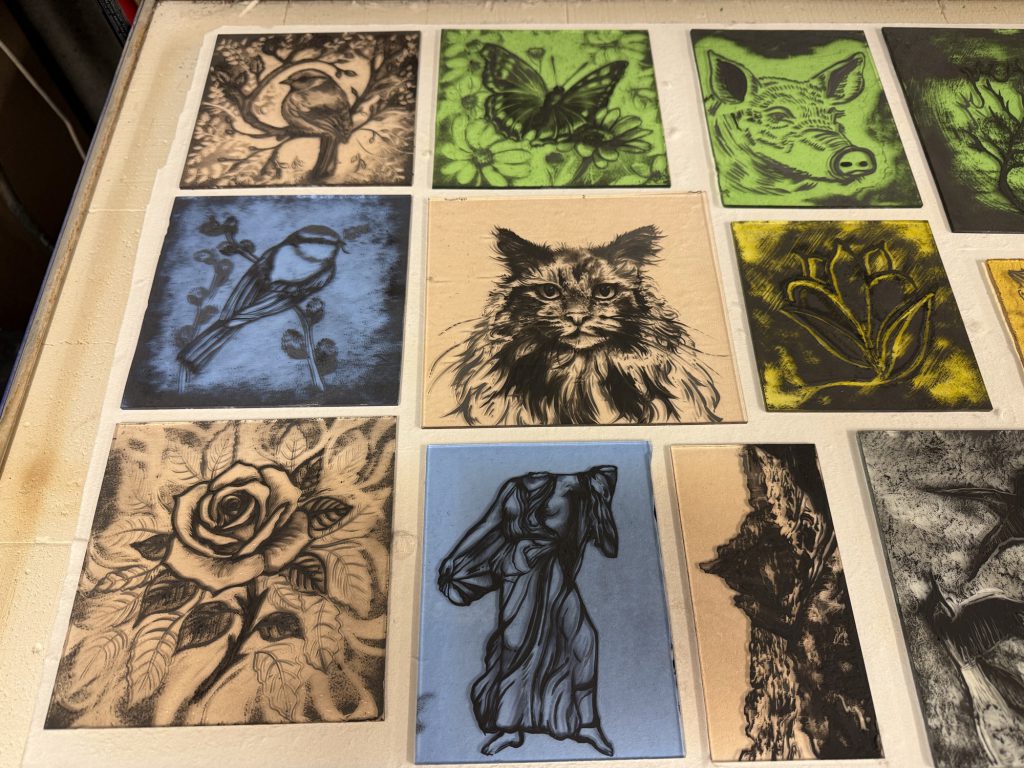 Student painted glass class collection lightbox display