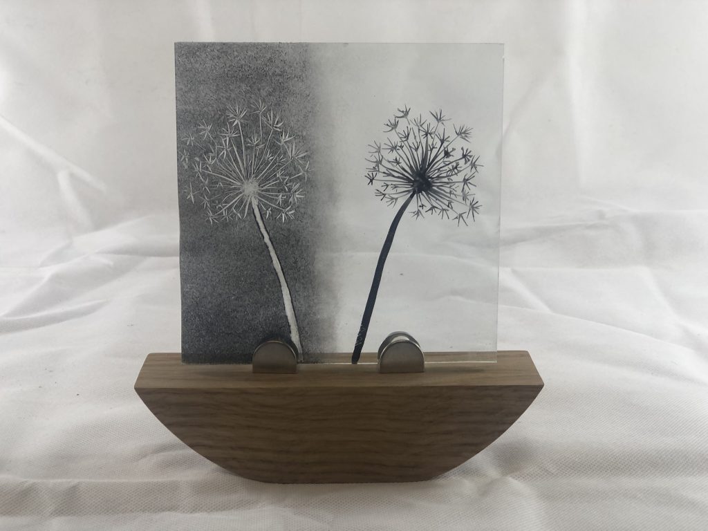 Student painted glass dandelion seedheads monochrome