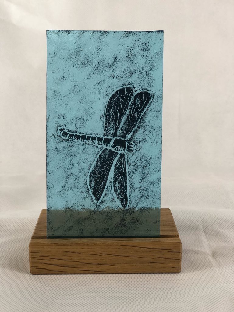 Student painted glass dragonfly teal panel