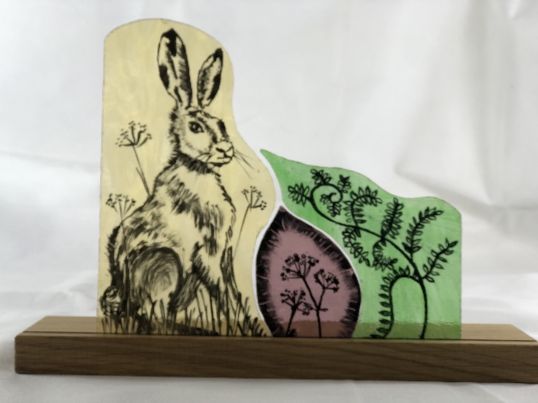 student-painted-glass-hare-botanical-set-display-wide