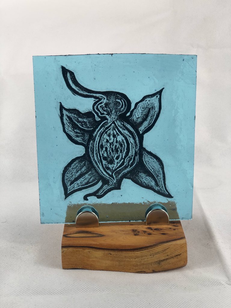 Student painted glass pomegranate botanical teal