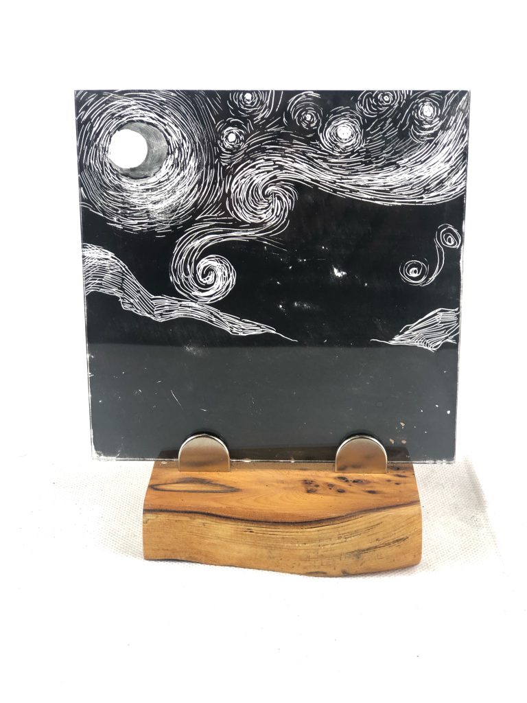 Student painted glass starry night swirls moon black
