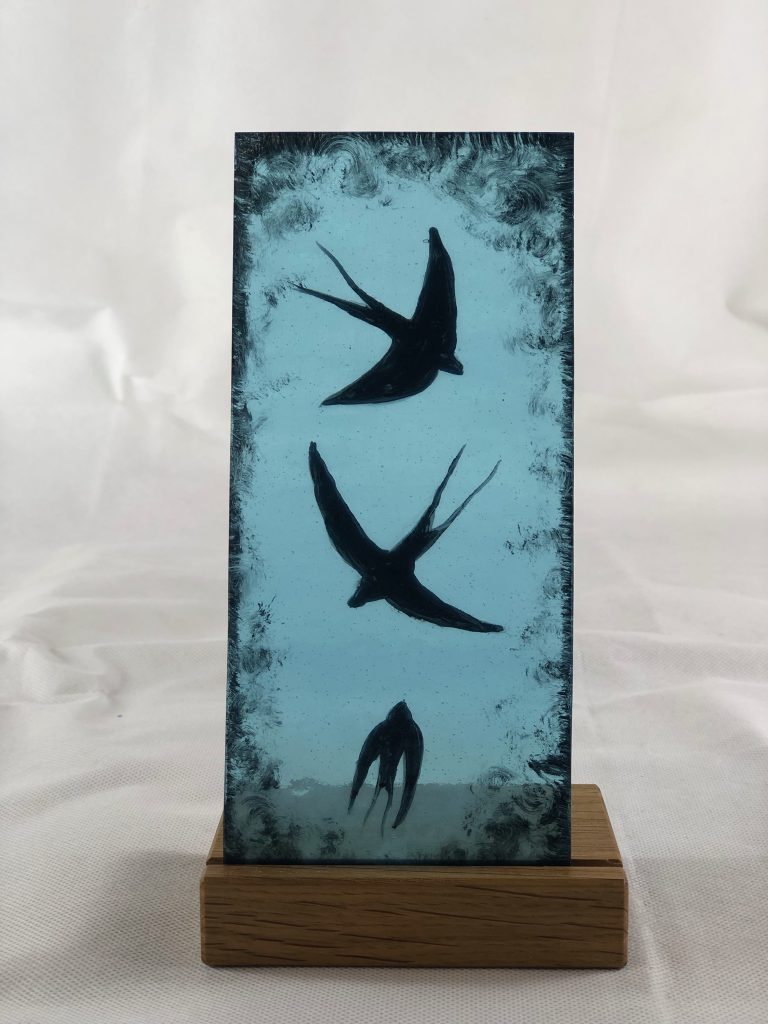 Student painted glass swallows tall panel teal