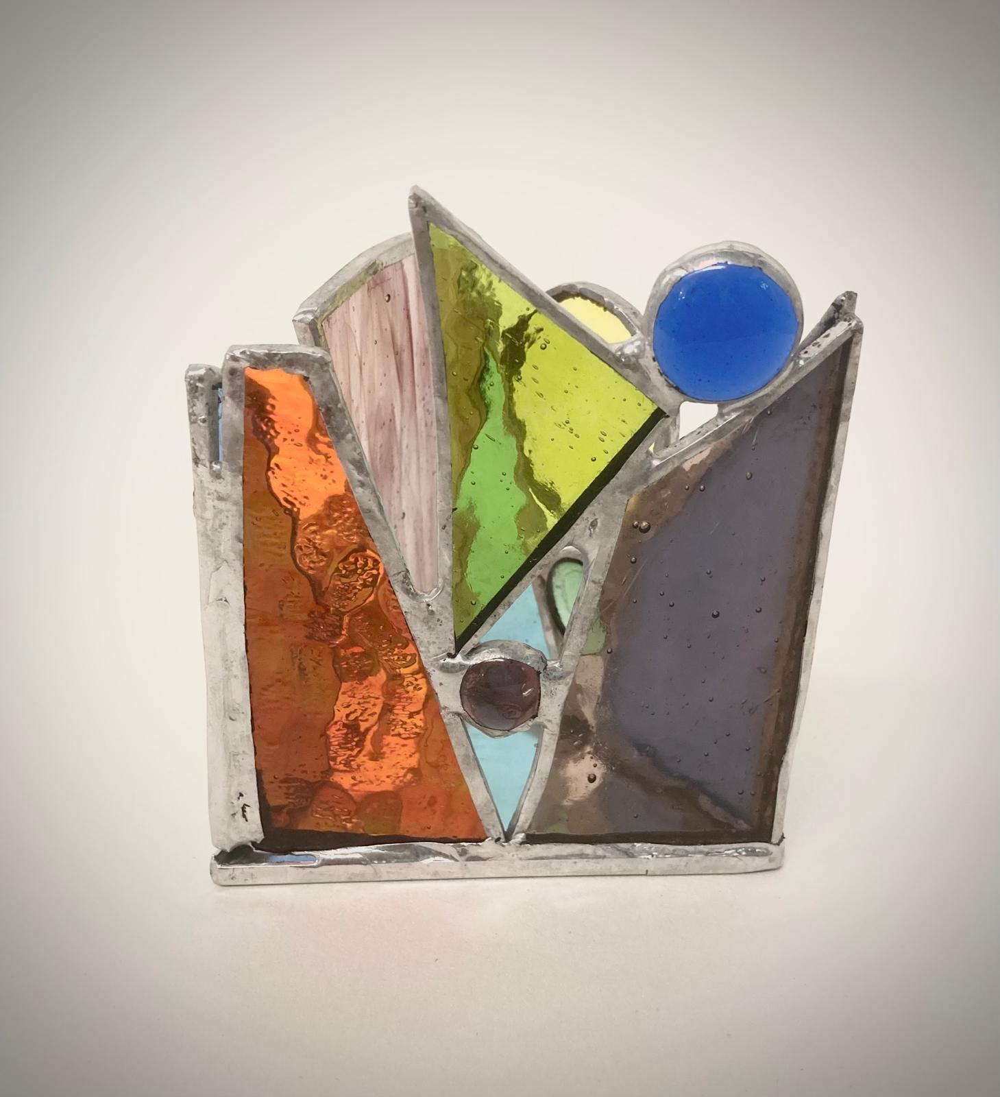 Stained glass candle holder, orange, lime and blue