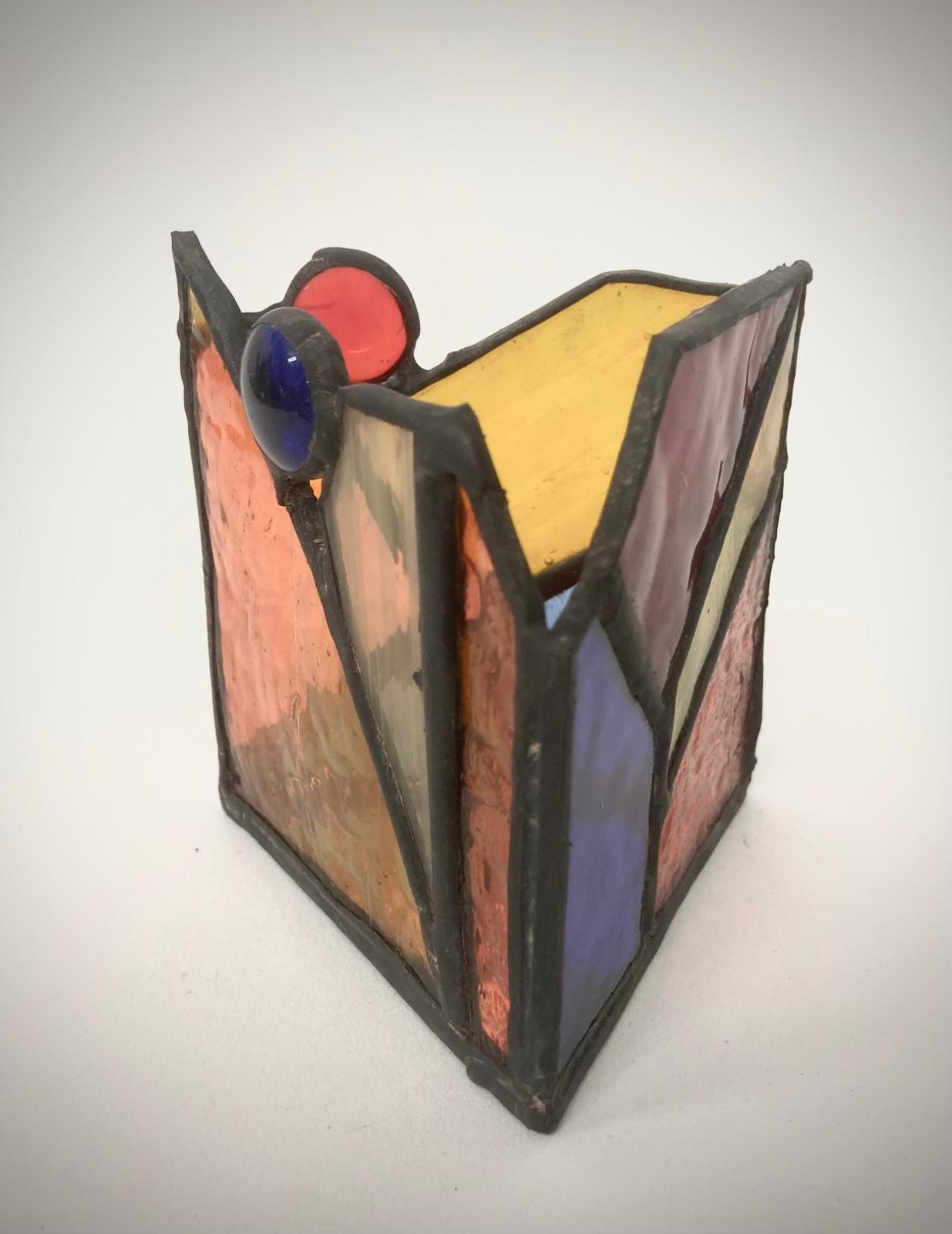 Stained glass candle holder, pink, yellow and purple