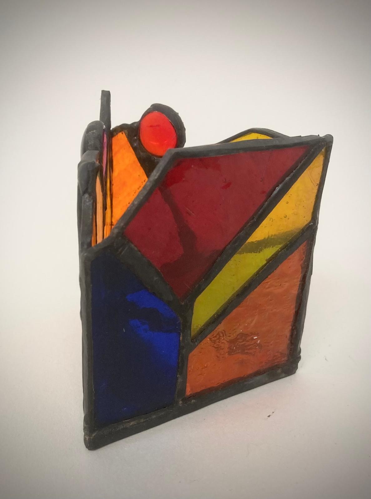 Stained glass candle holder, bold geometric red, blue and orange