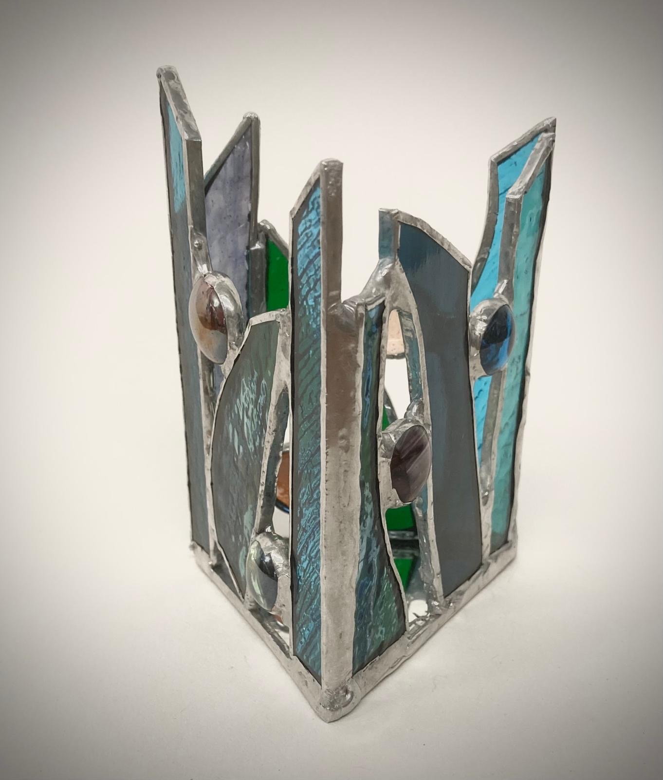 Stained glass crown candle holder, blue, grey and green