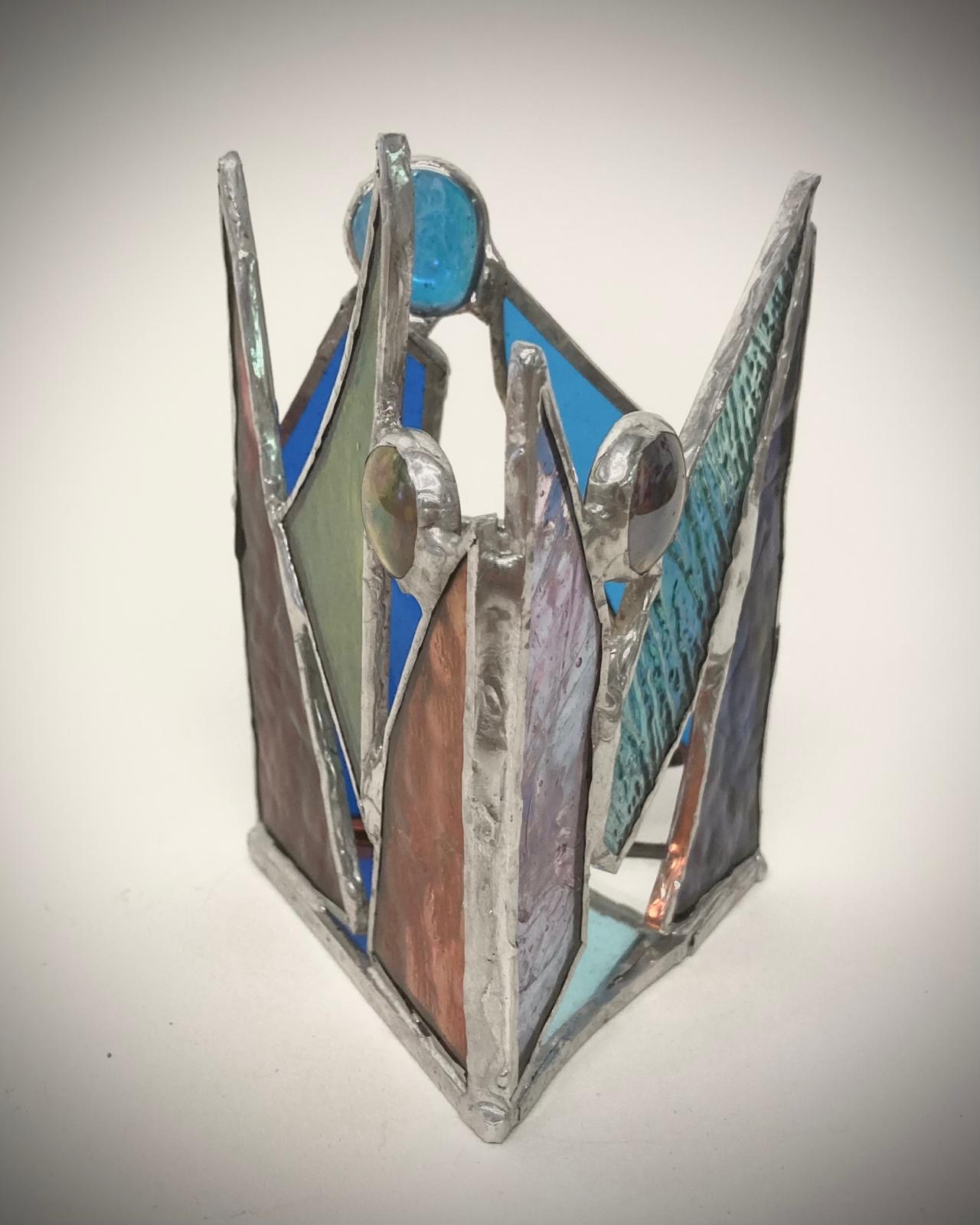 Stained glass crown candle holder, blue, teal and lavender