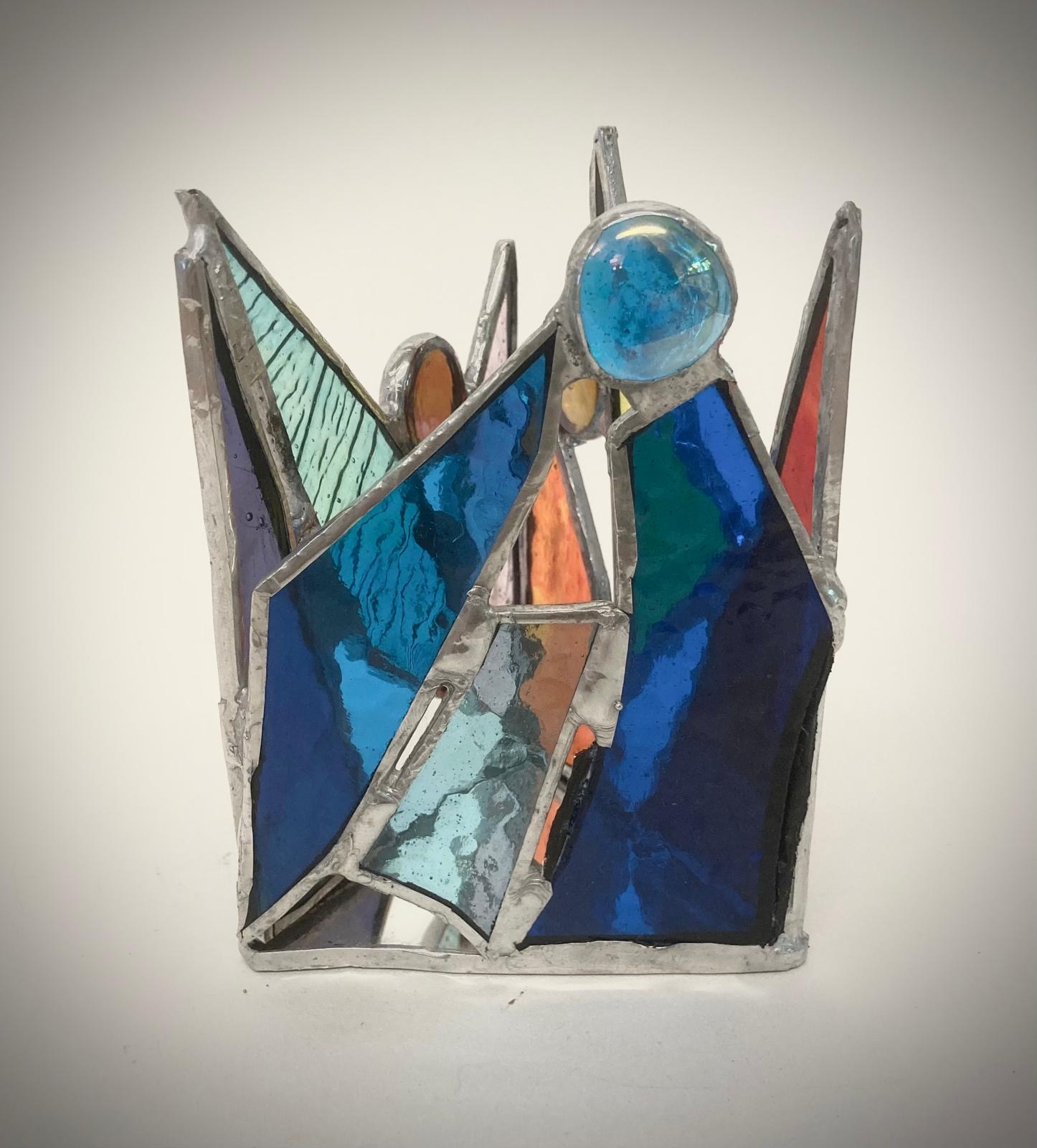 Stained glass crown candle holder, deep blue, teal and orange