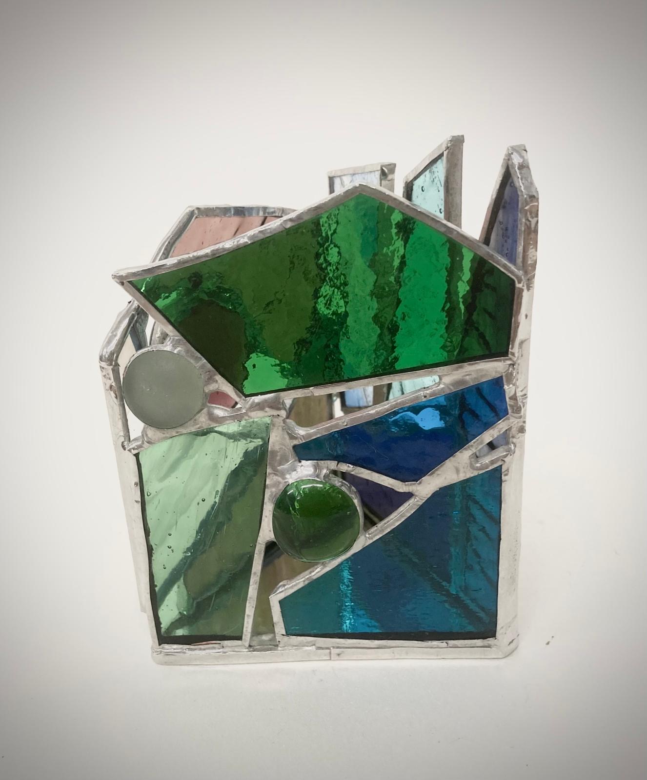 Stained glass crown candle holder, green, teal and blue