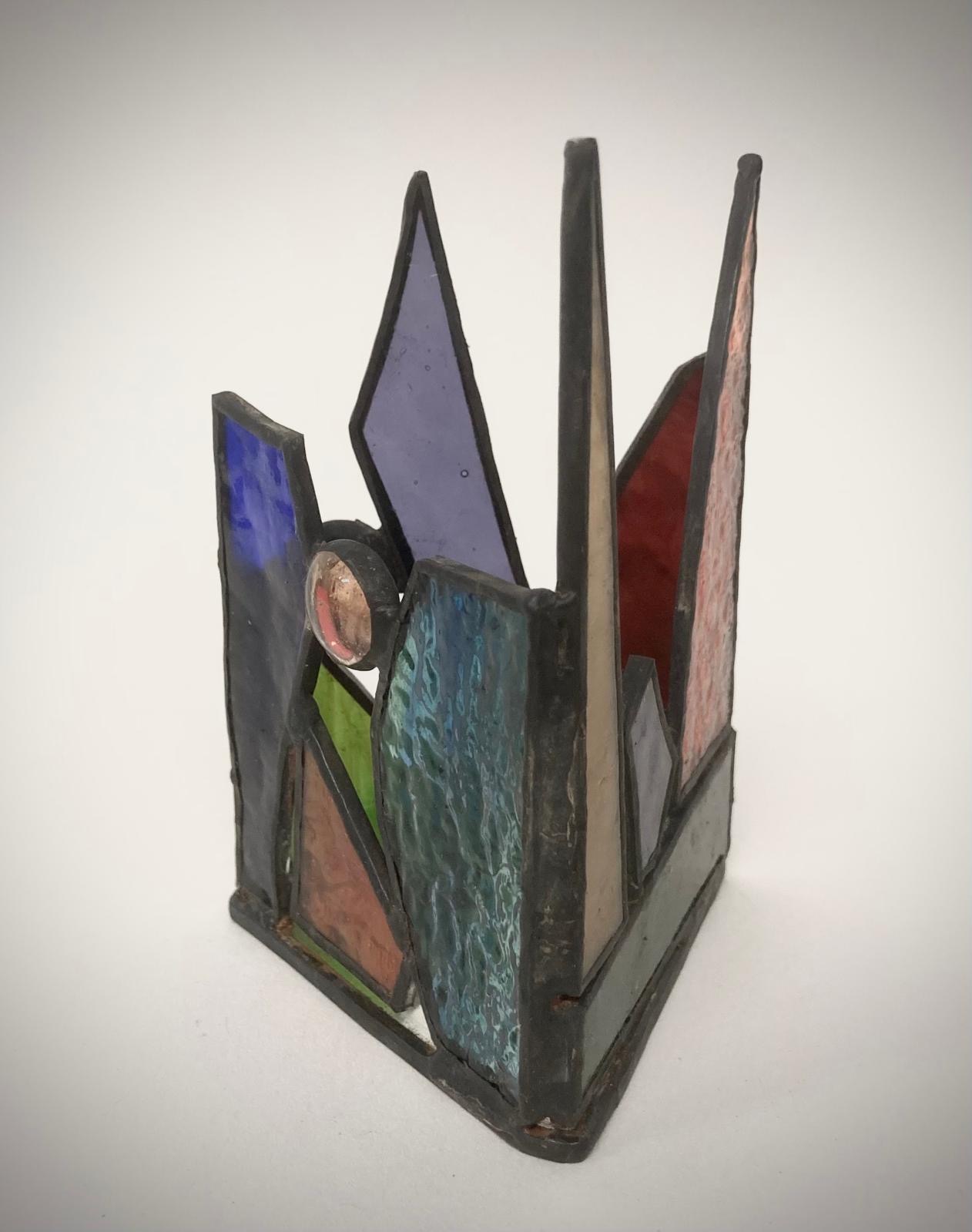 Stained glass crown candle holder, multicolour and pink