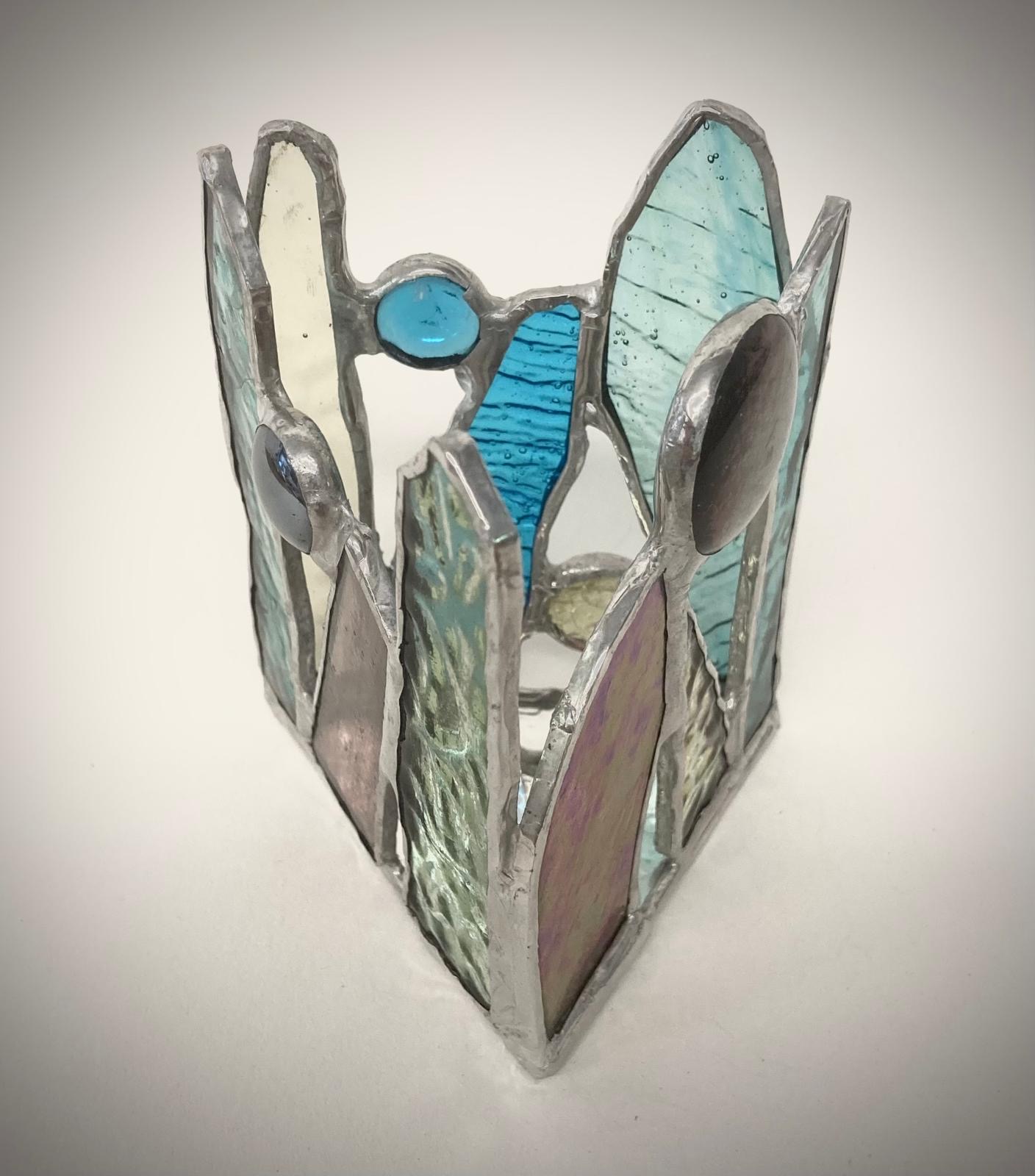Stained glass crown candle holder, pale teal iridescent