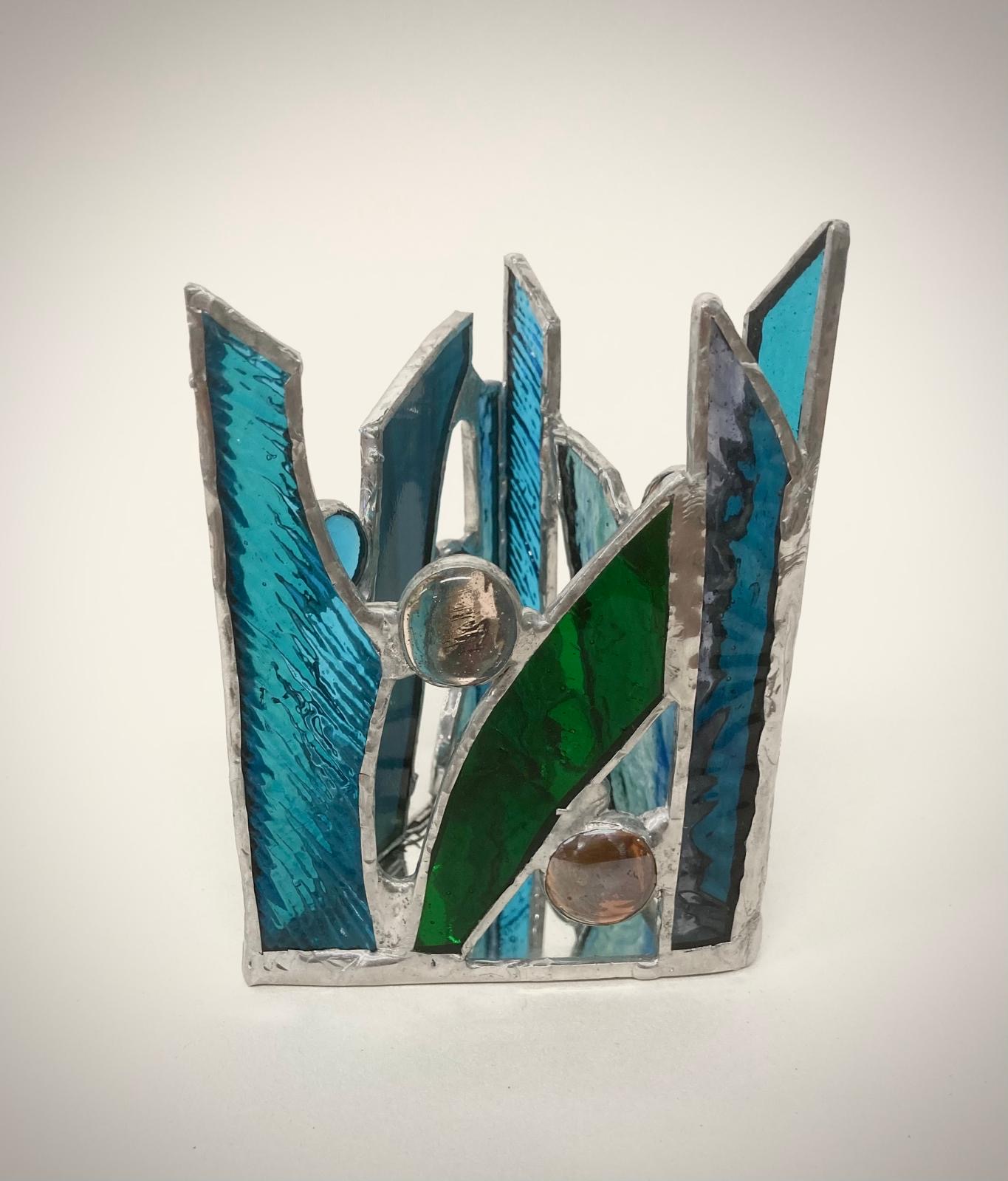Stained glass crown candle holder, teal and green